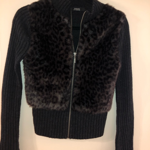 Guess Sweaters - Leopard faux fur zip up sweater